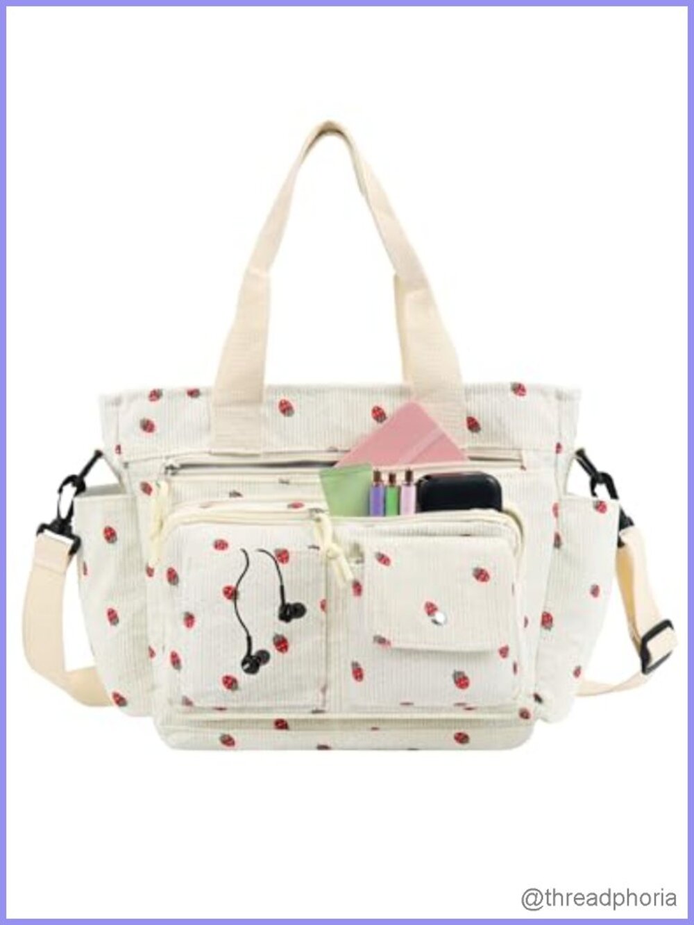 Corduroy Crossbody Tote Bag Multi-Pocket Purse Travel Work School